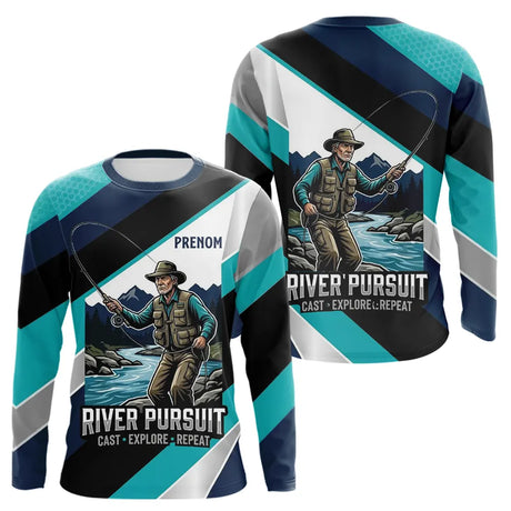 Polo Pêche Personnalisé River Pursuit - Bleu Turquoise & Marine - Long Sleeves Homme