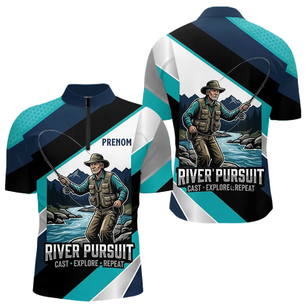 Polo Pêche Personnalisé River Pursuit - Bleu Turquoise et Marine - Polo Zippé Homme