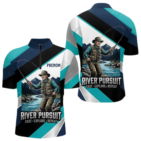 Polo Pêche Personnalisé River Pursuit - Bleu Turquoise et Marine - Polo Zippé Homme