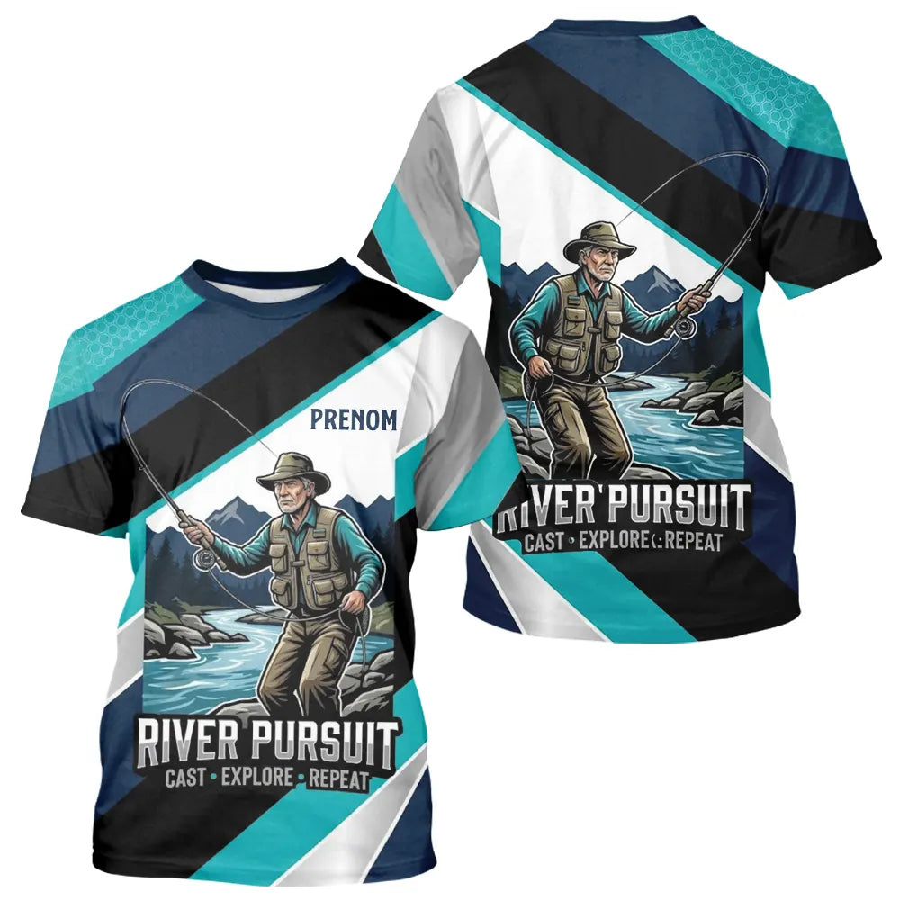 Polo Pêche Personnalisé River Pursuit - Bleu Turquoise et Marine - T-Shirt Homme