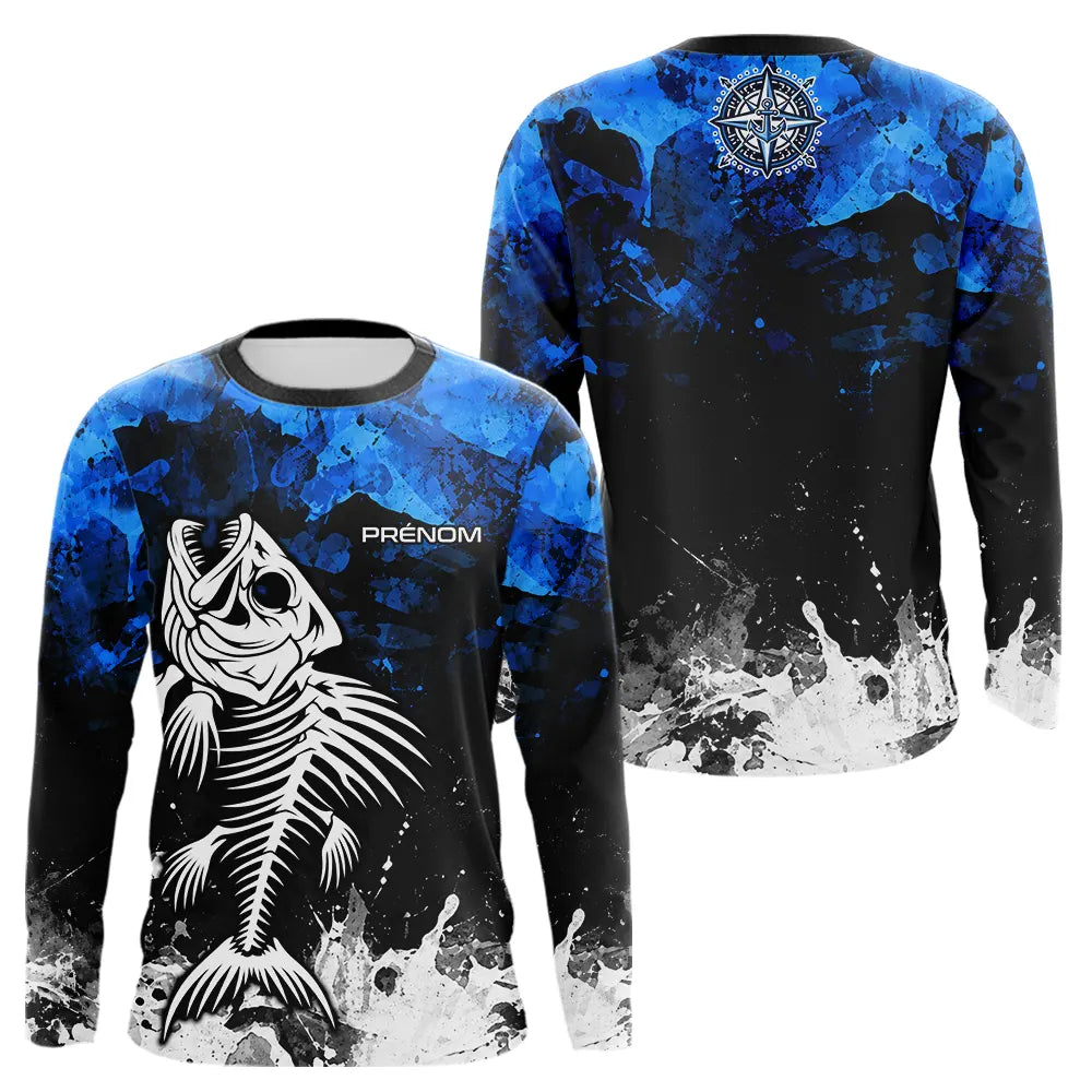 Polo Pêche Personnalisé Squelette Poisson - Bleu Et Noir - Long Sleeves Homme