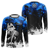 Polo Pêche Personnalisé Squelette Poisson - Bleu Et Noir - Long Sleeves Homme
