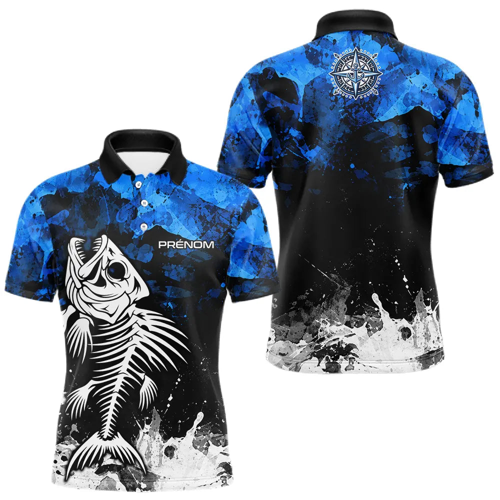 Polo Pêche Personnalisé Squelette Poisson - Bleu Et Noir - Polo Homme