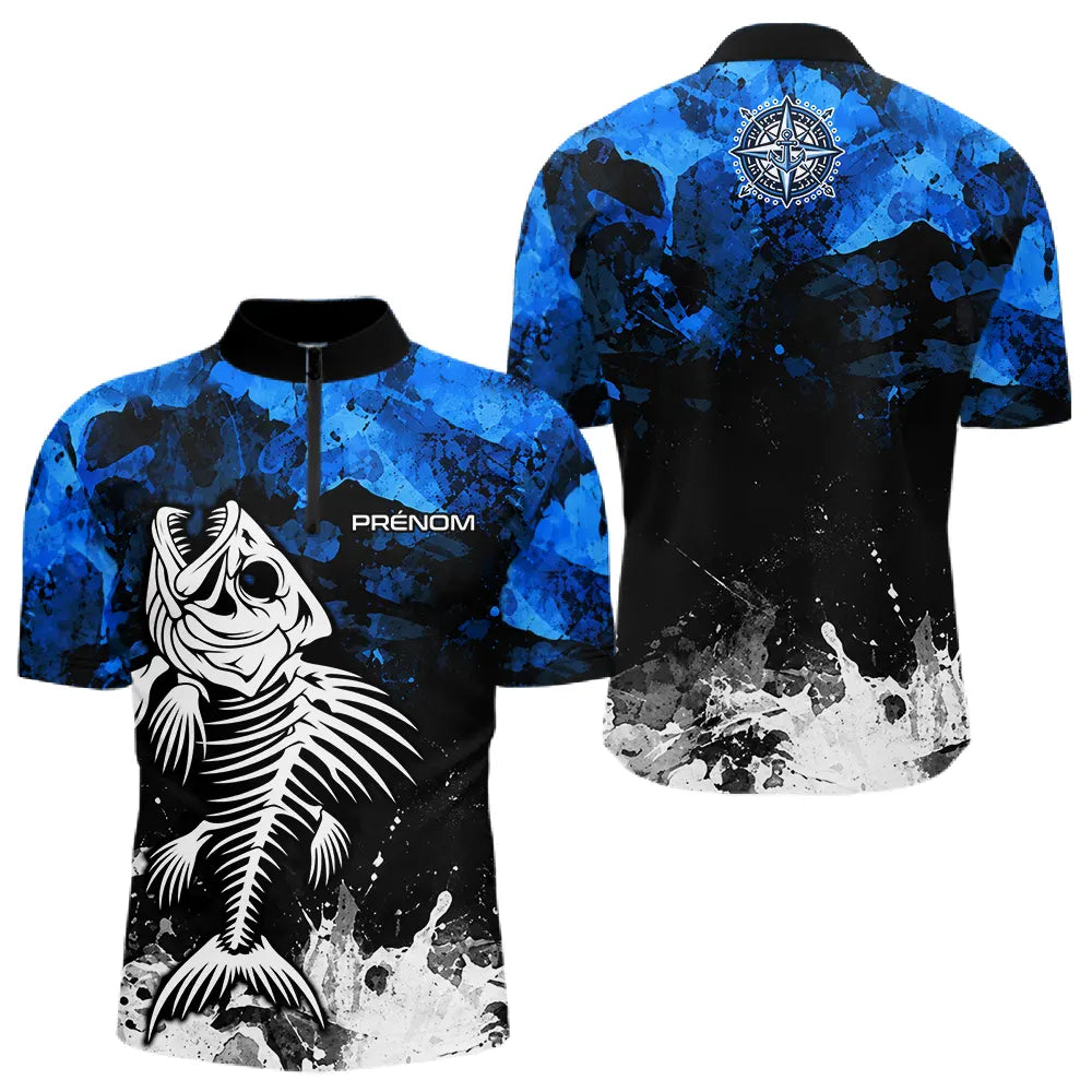 Polo Pêche Personnalisé Squelette Poisson - Bleu Et Noir - Polo Zippé Homme