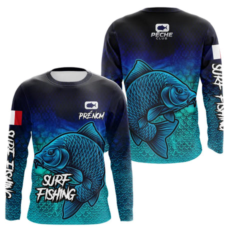Polo Pêche Personnalisé Surf Fishing - Bleu Et Vert Style - Long Sleeves Homme