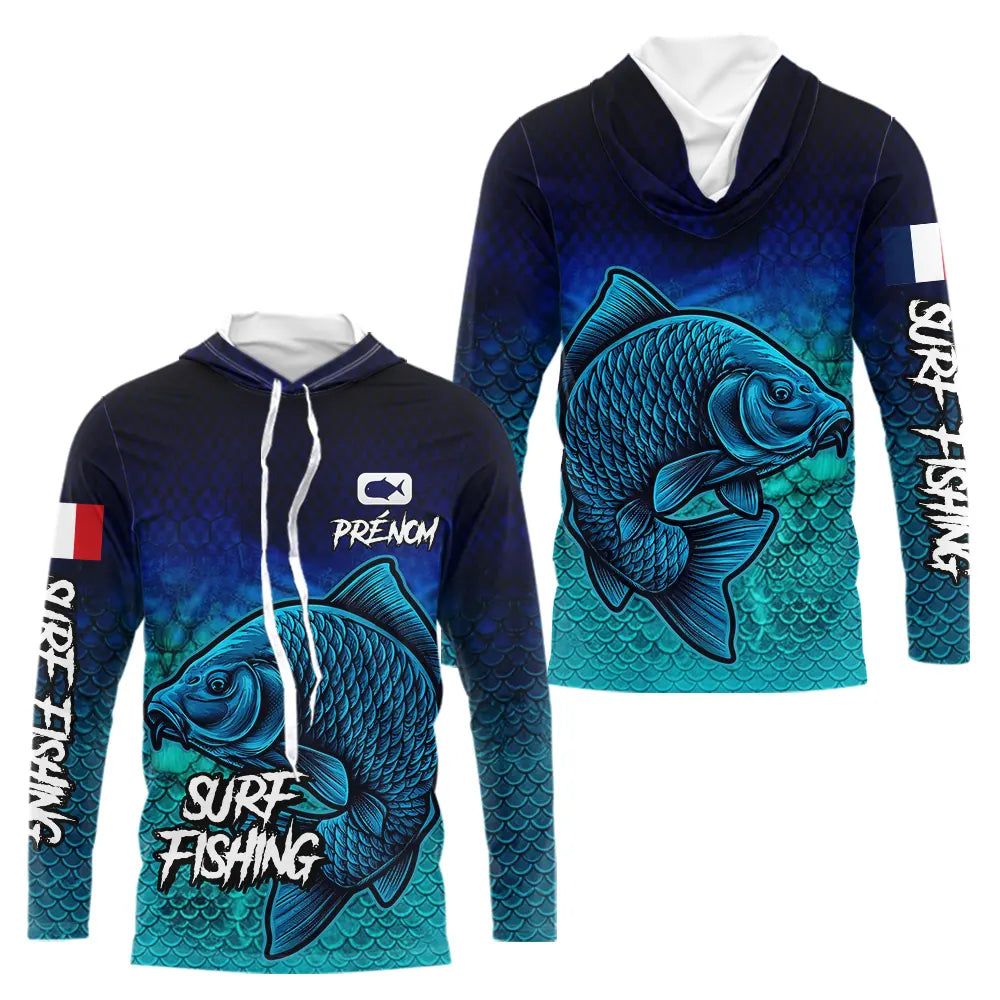 Polo Pêche Personnalisé Surf Fishing - Bleu Et Vert Style - Long Sleeves Hoodie Homme