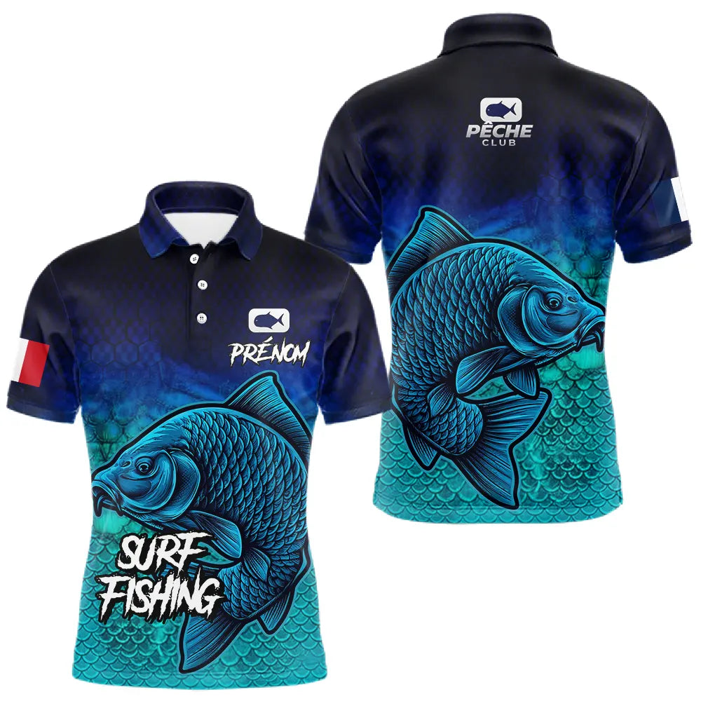 Polo Pêche Personnalisé Surf Fishing - Bleu Et Vert Style - Polo Homme