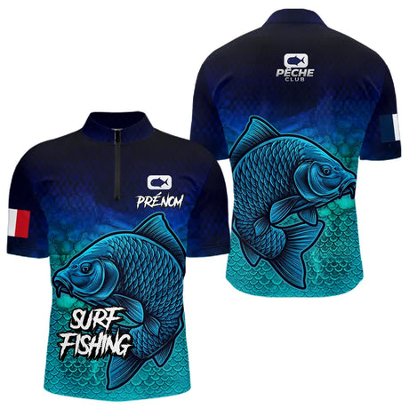 Polo Pêche Personnalisé Surf Fishing - Bleu Et Vert Style - Polo Zippé Homme