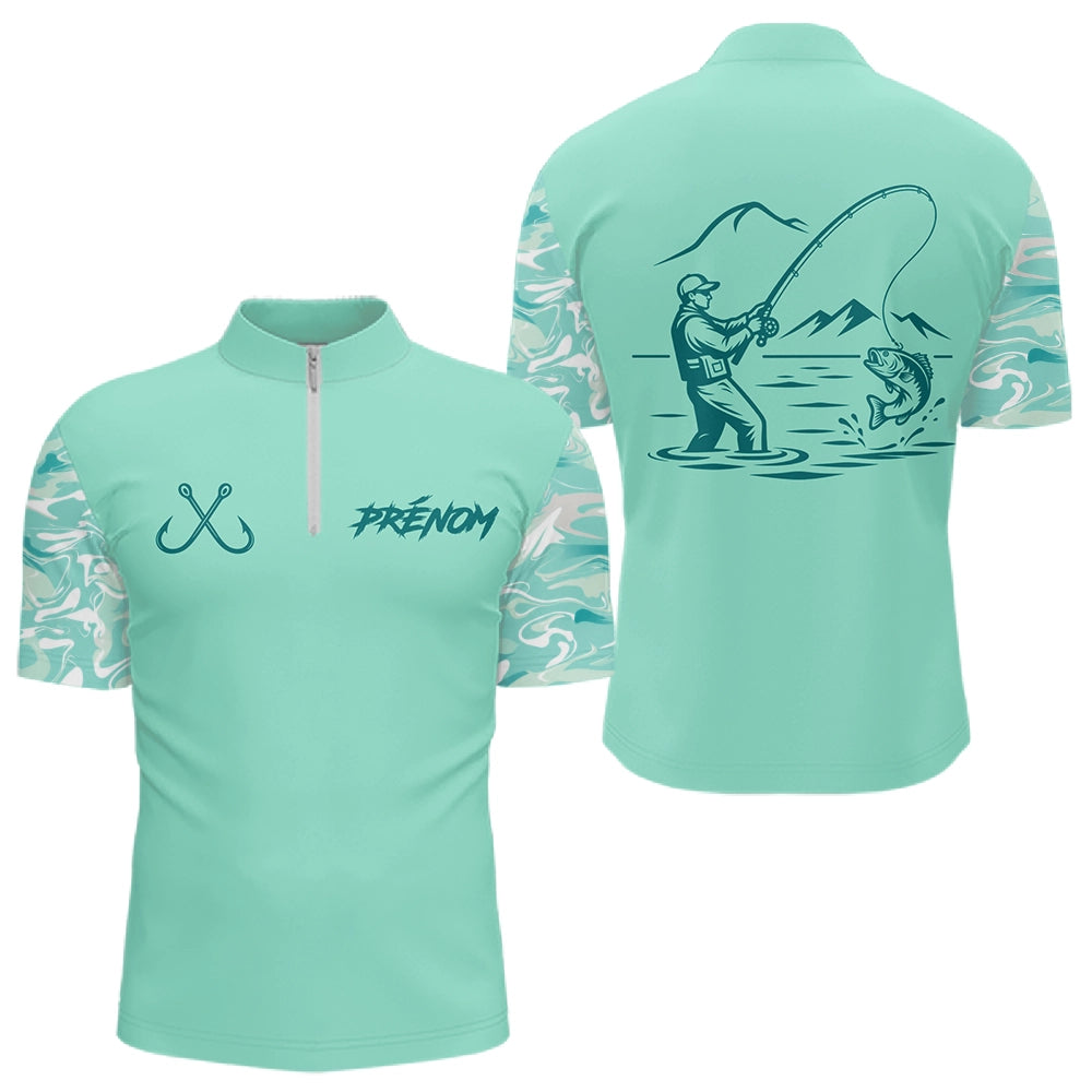 Polo Pêche Personnalisé Vert d'Eau - Black Bass - Polo Zippé Homme