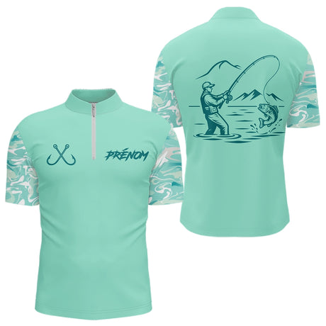 Polo Pêche Personnalisé Vert d'Eau - Black Bass - Polo Zippé Homme