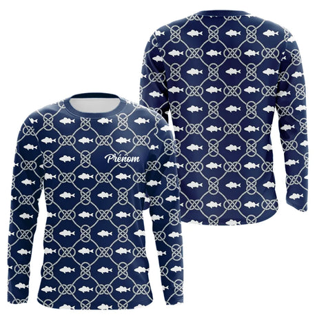 Polo Pêche Sur Mesure Personnalisé Prénom – Bleu Marine & Blanc - Long Sleeves Homme