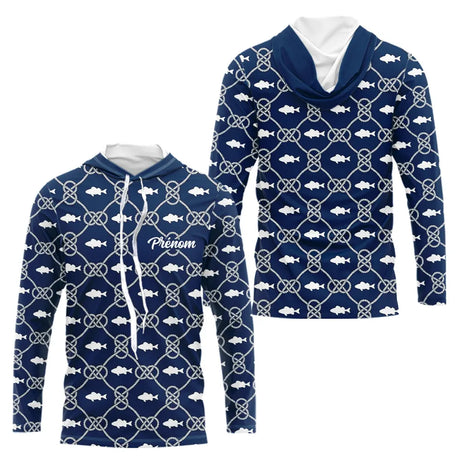 Polo Pêche Sur Mesure Personnalisé Prénom – Bleu Marine & Blanc - Long Sleeves Hoodie Homme