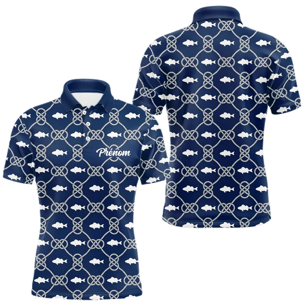 Polo Pêche Sur Mesure Personnalisé Prénom – Bleu Marine & Blanc - Polo Homme