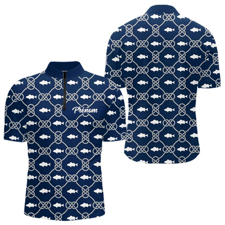 Polo Pêche Sur Mesure Personnalisé Prénom – Bleu Marine & Blanc - Polo Zippe Homme