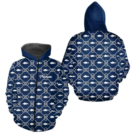 Polo Pêche Sur Mesure Personnalisé Prénom – Bleu Marine & Blanc - Zippe Hoodie Homme