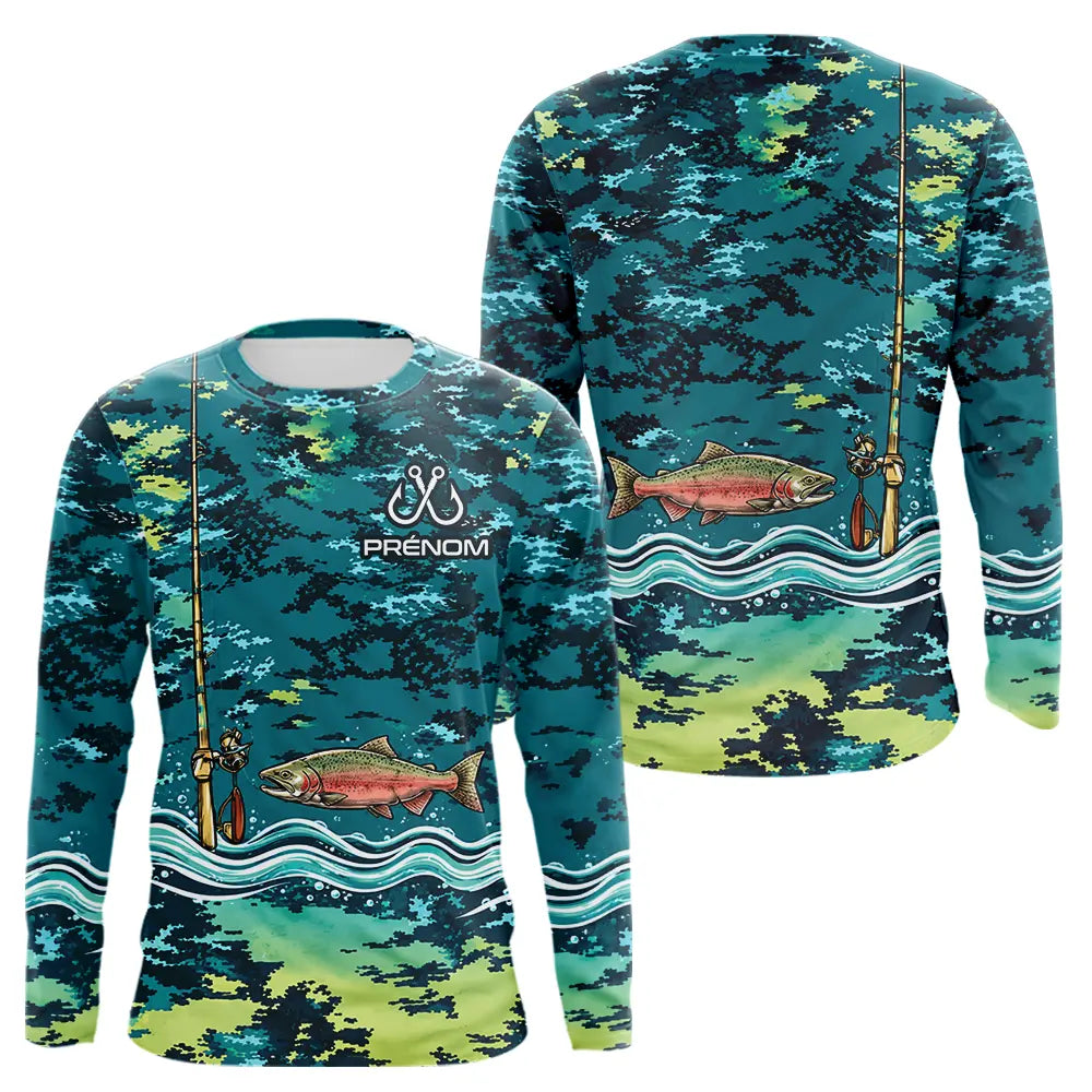 Polo Pêche Truite Camo Bleu Vert Personnalisé - Style Homme - Long Sleeves Homme
