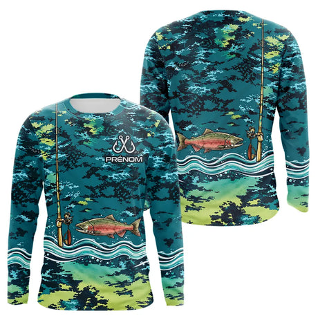 Polo Pêche Truite Camo Bleu Vert Personnalisé - Style Homme - Long Sleeves Homme