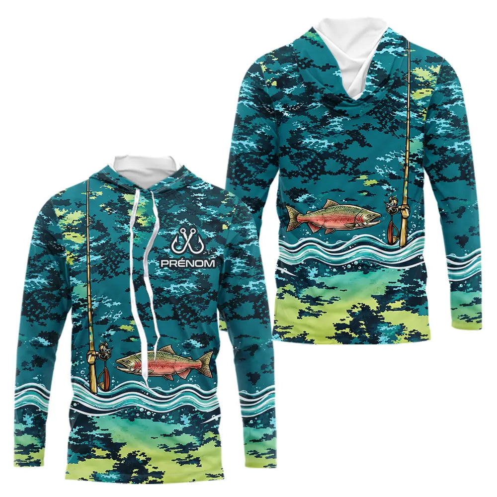 Polo Pêche Truite Camo Bleu Vert Personnalisé - Style Homme - Long Sleeves Hoodie Homme