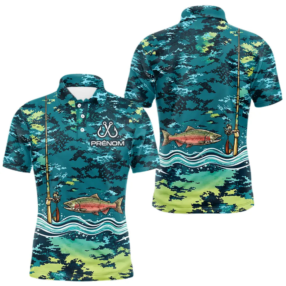 Polo Pêche Truite Camo Bleu Vert Personnalisé - Style Homme - Polo Homme