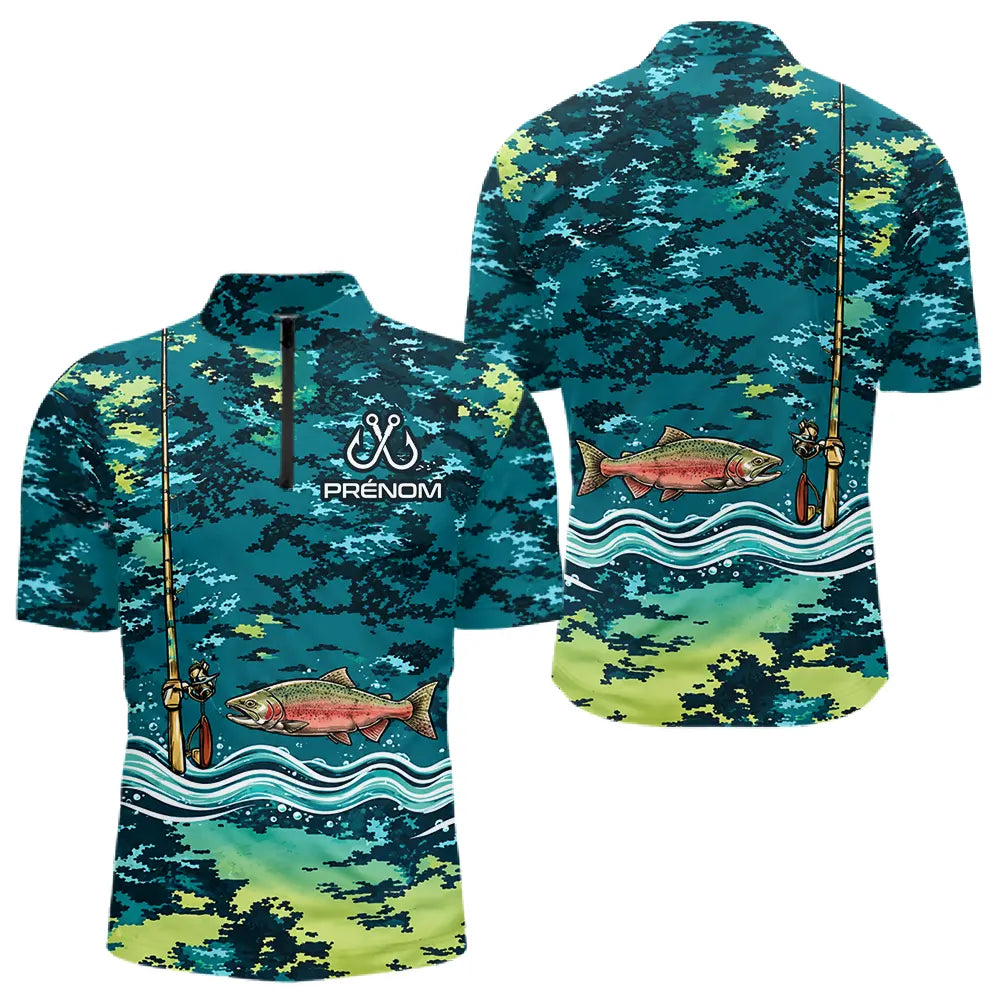 Polo Pêche Truite Camo Bleu Vert Personnalisé - Style Homme - Polo Zippé Homme