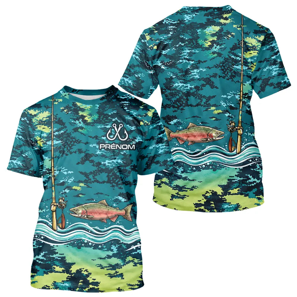Polo Pêche Truite Camo Bleu Vert Personnalisé - Style Homme - T-Shirt Homme