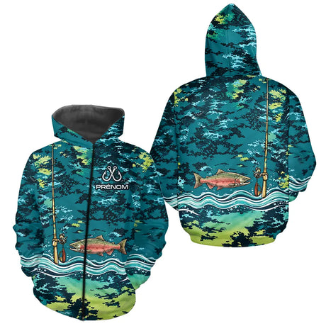 Polo Pêche Truite Camo Bleu Vert Personnalisé - Style Homme - Zippé Hoodie Homme