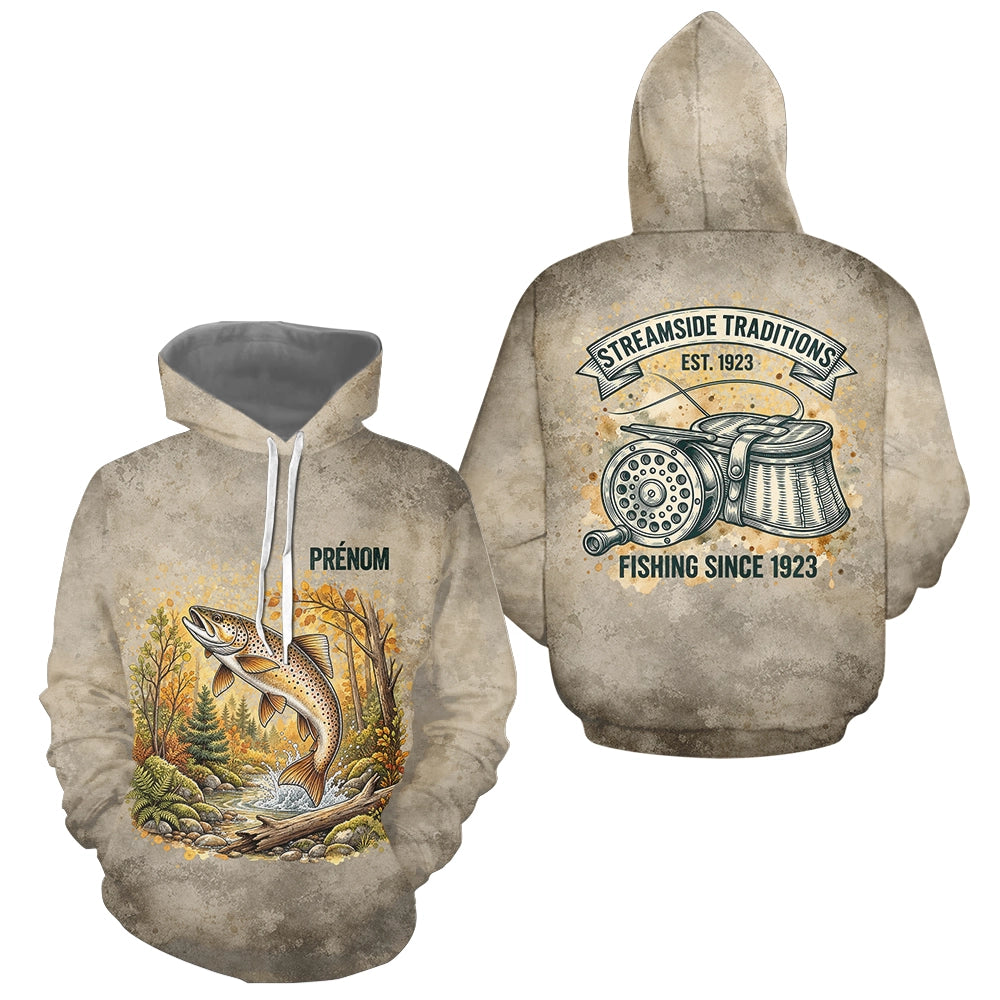 Polo Pêche Vintage Beige Personnalisé - Motif Truite - Hoodie Homme
