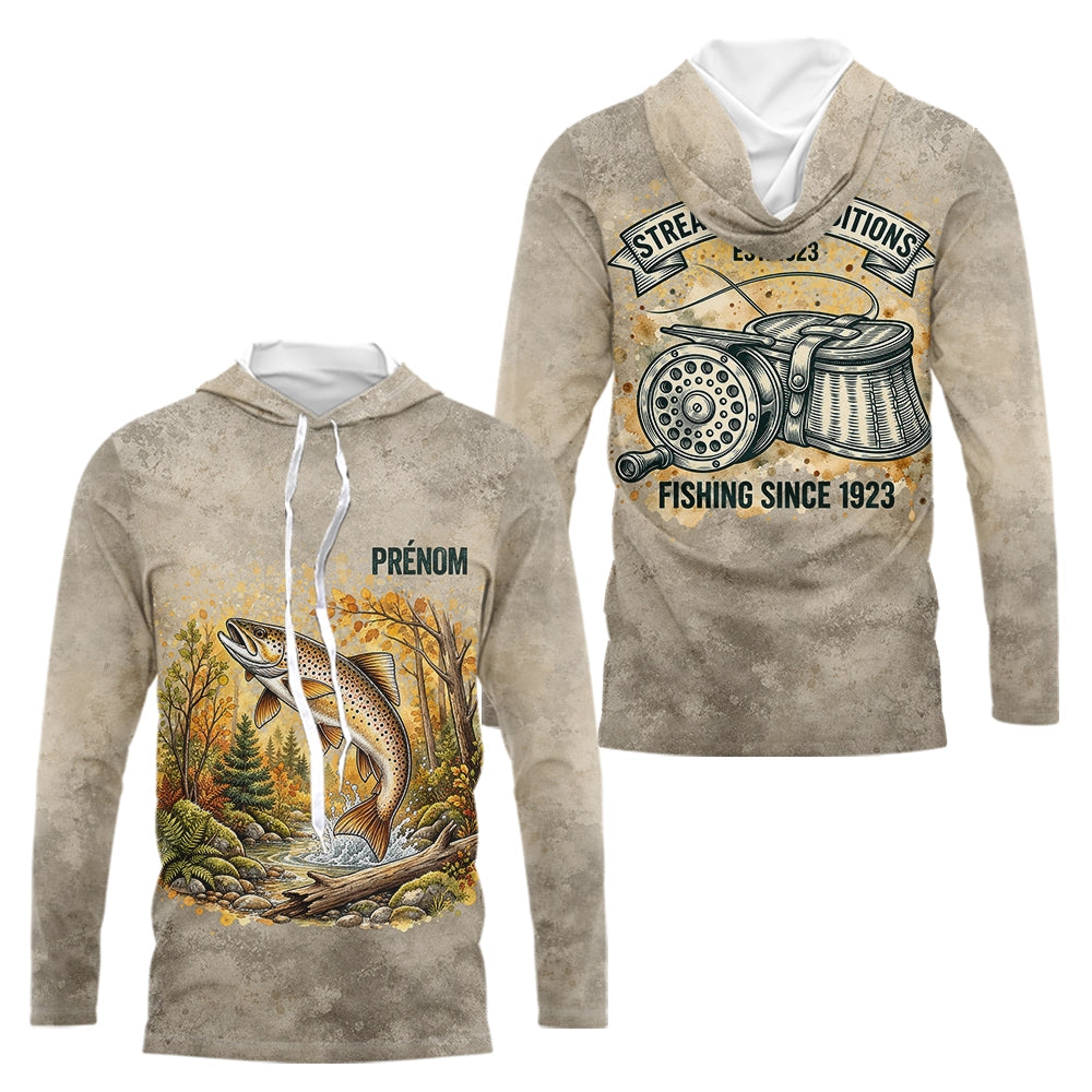 Polo Pêche Vintage Beige Personnalisé - Motif Truite - Long Sleeves Hoodie Homme