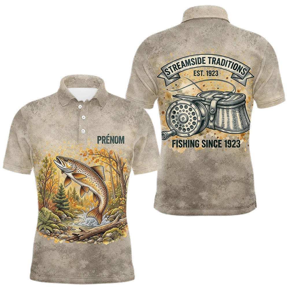 Polo Pêche Vintage Beige Personnalisé - Motif Truite - Polo Homme
