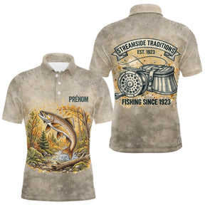Polo Pêche Vintage Beige Personnalisé - Motif Truite - Polo Homme