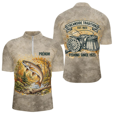 Polo Pêche Vintage Beige Personnalisé - Motif Truite - Polo Zippe Homme