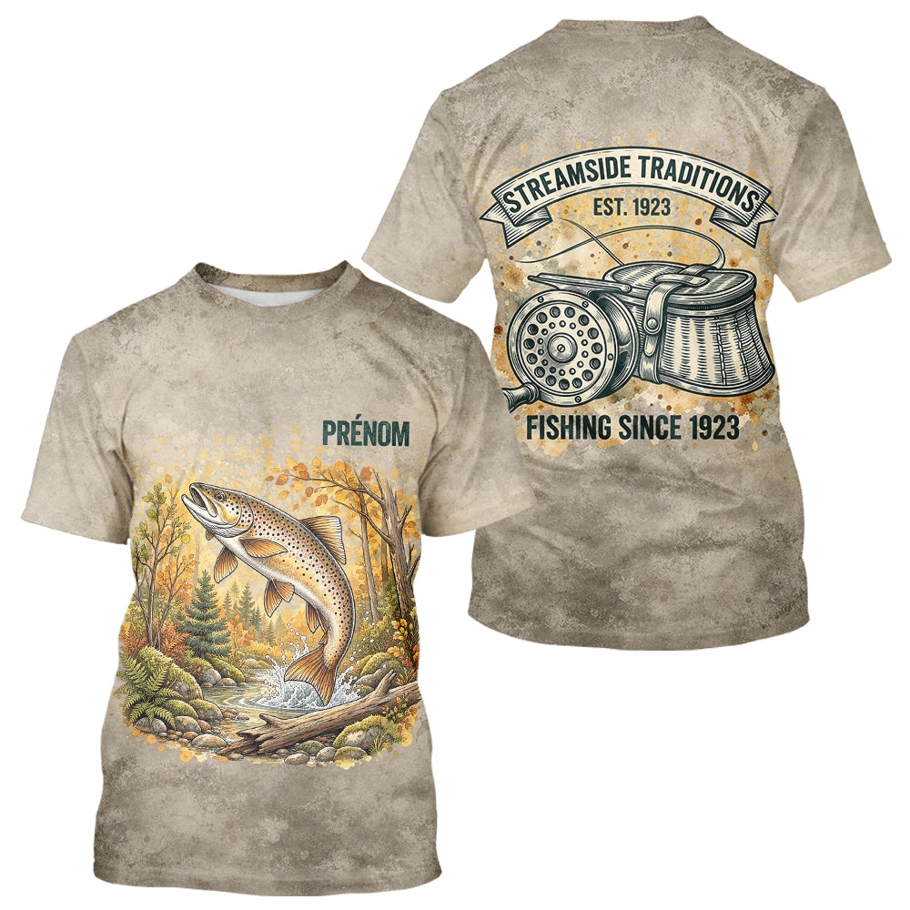Polo Pêche Vintage Beige Personnalisé - Motif Truite - T-Shirt Homme