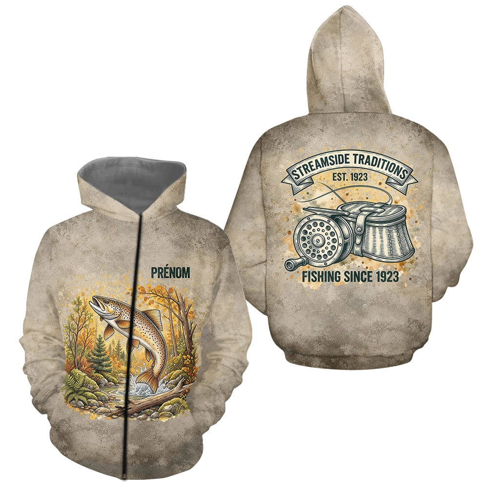 Polo Pêche Vintage Beige Personnalisé - Motif Truite - Zippe Hoodie Homme