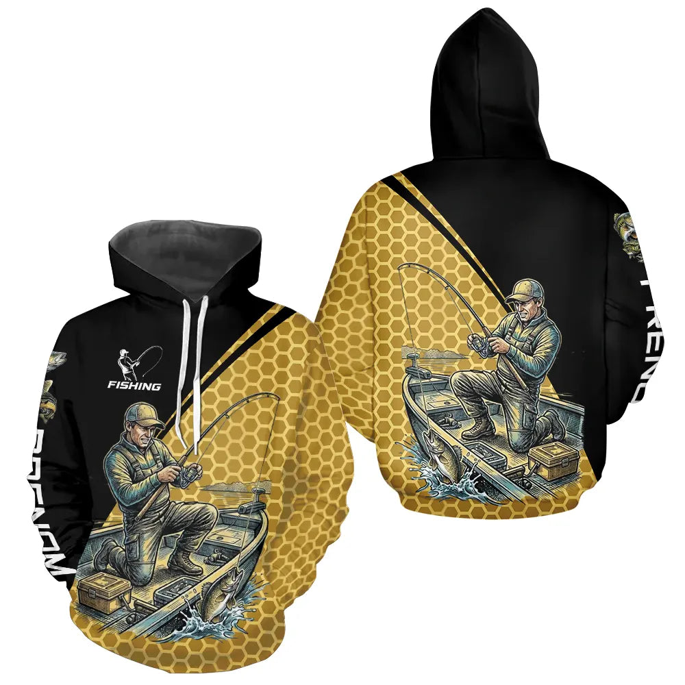Polo Pêcheur 3D Homme Personnalisé - Noir & Jaune Tenue Sportif - Hoodie Homme