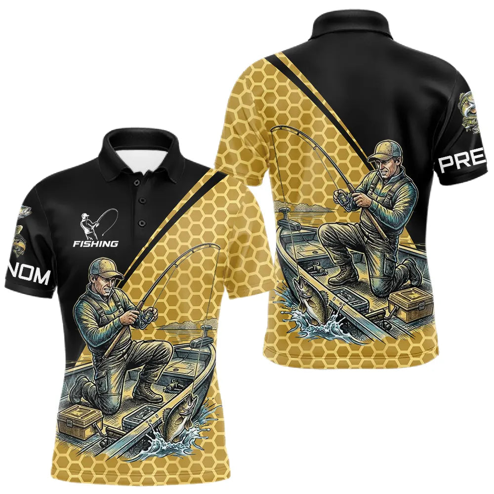 Polo Pêcheur 3D Homme Personnalisé - Noir & Jaune Tenue Sportif - Polo Homme