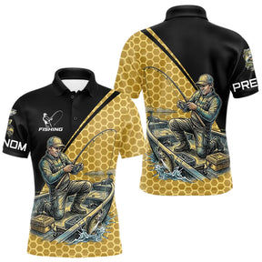 Polo Pêcheur 3D Homme Personnalisé - Noir & Jaune Tenue Sportif - Polo Homme
