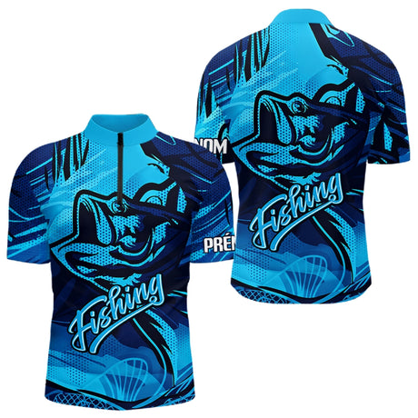 Polo Pêcheur Bass Bleu 3D - Design Sportive Personnalisé - Polo Zippé Homme