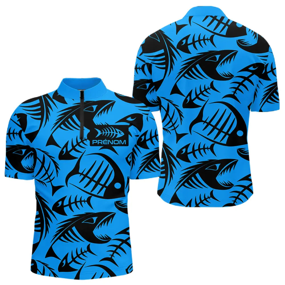 Polo Pêcheur Bleu Fluo Arête De Poisson Personnalisé - Polo Zippé Homme