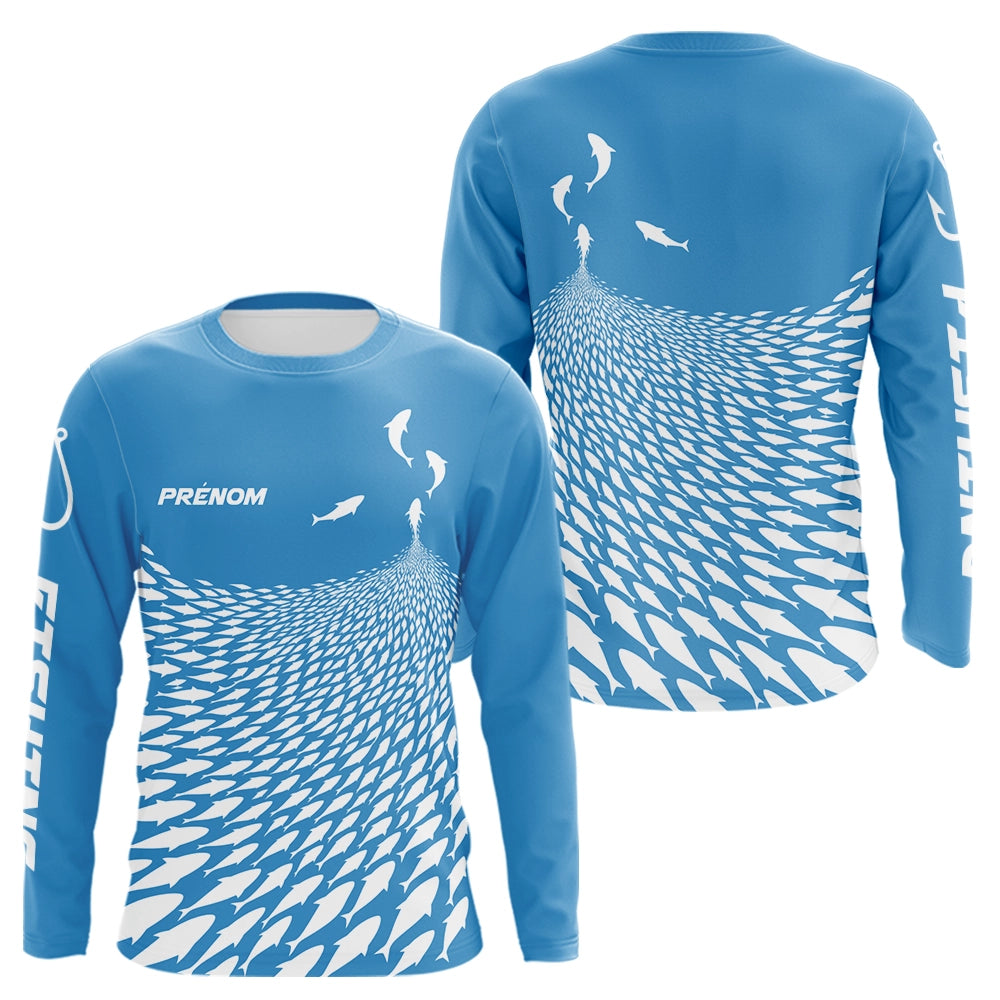 Polo Pêcheur Bleu Personnalisé - Prénom Motif Poissons - Long Sleeves Homme