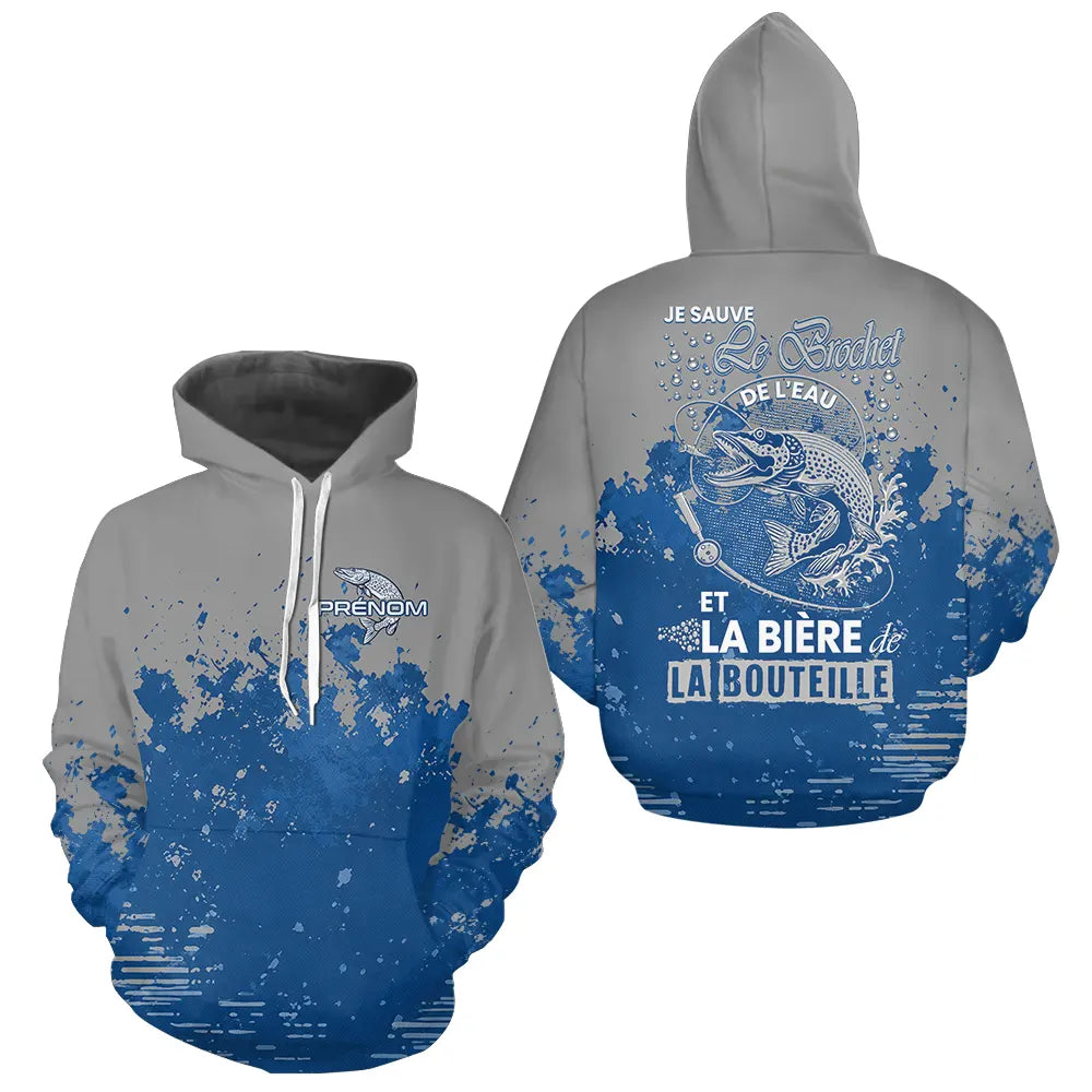Polo Pêcheur Brochet & Bière Personnalisé - Bleu & Gris - Hoodie Homme