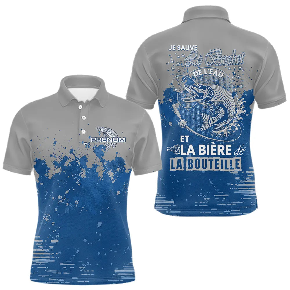 Polo Pêcheur Brochet & Bière Personnalisé - Bleu & Gris - Polo Homme