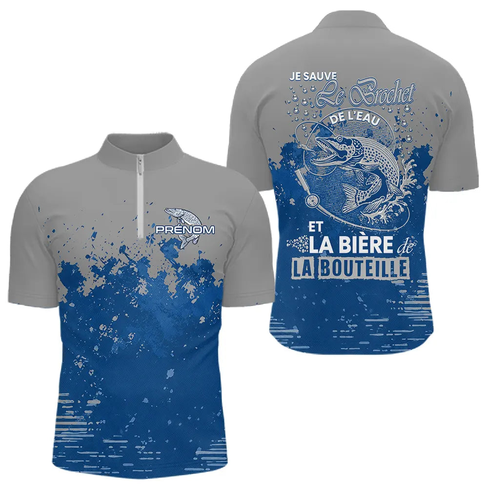 Polo Pêcheur Brochet & Bière Personnalisé - Bleu & Gris - Polo Zippe Homme