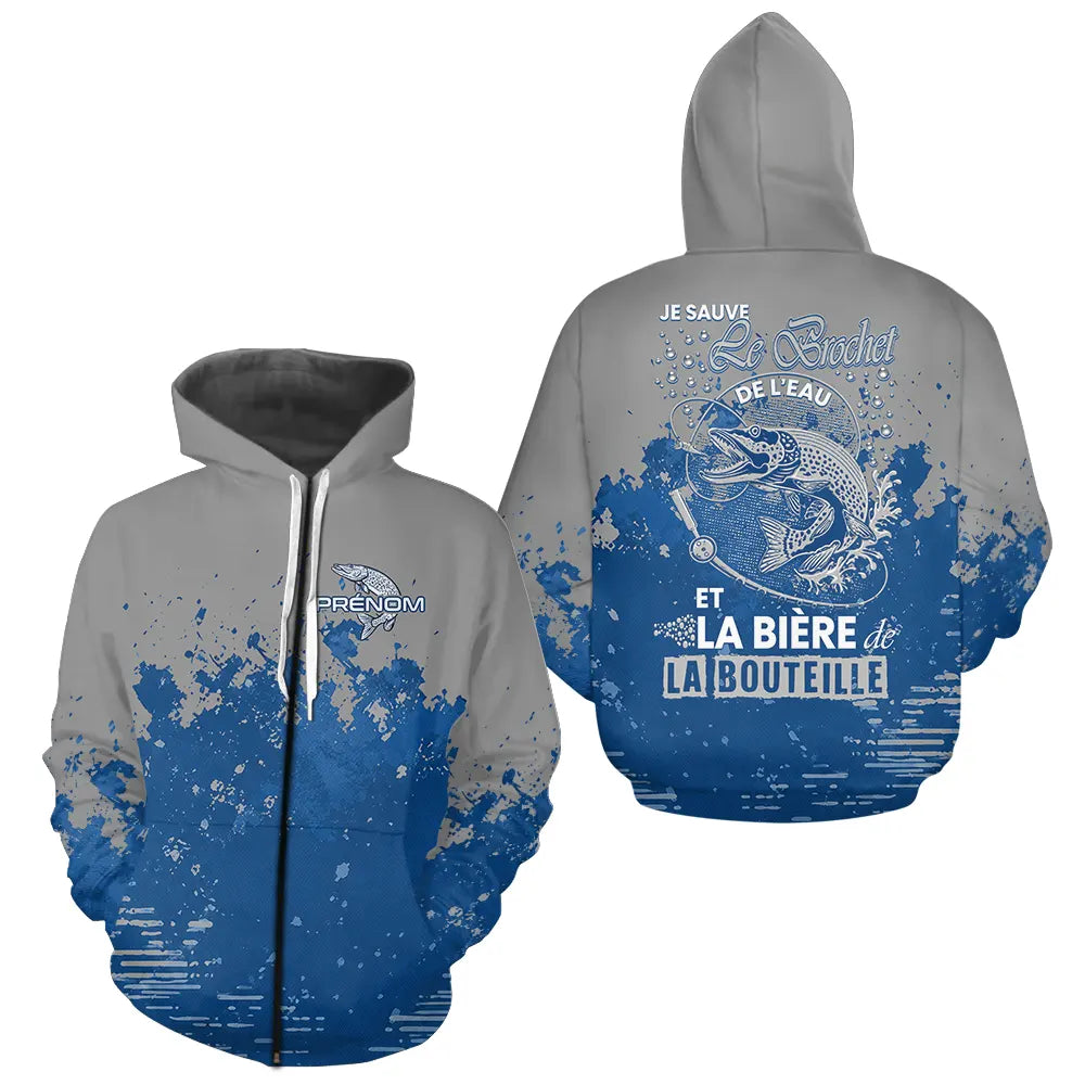 Polo Pêcheur Brochet & Bière Personnalisé - Bleu & Gris - Zippe Hoodie Homme