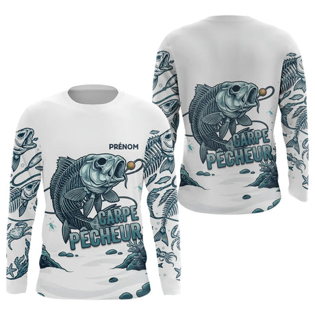 Polo Pêcheur Carpe Blanche Sur Mesure - Blanc & Marine -  Long Sleeves Homme