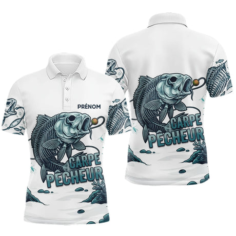 Polo Pêcheur Carpe Blanche Sur Mesure - Blanc & Marine -  Polo Homme