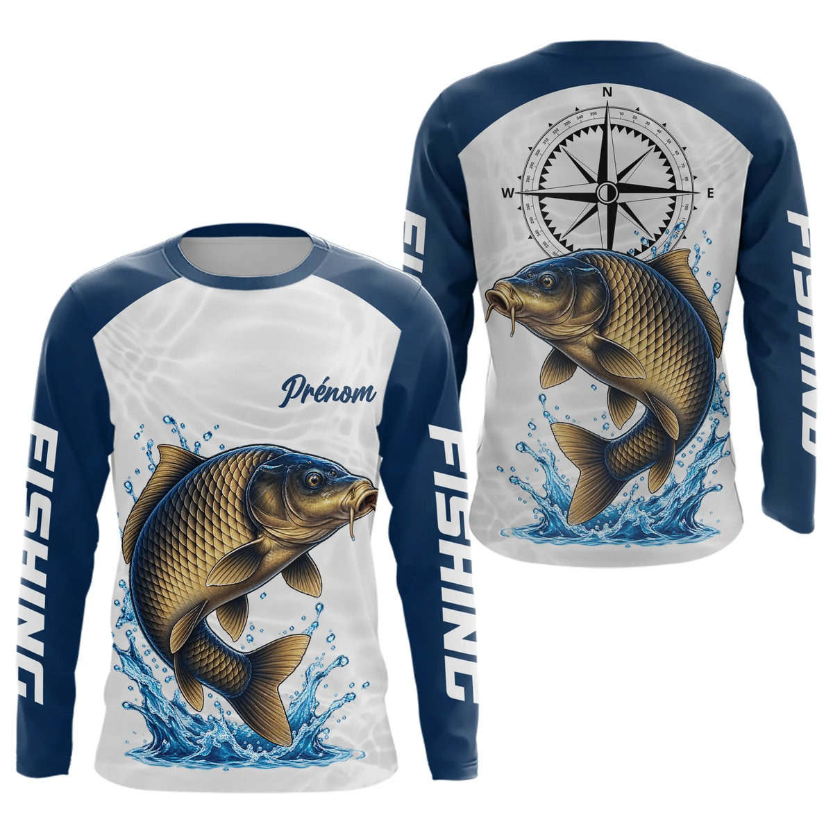 Polo Pêcheur Carpe Prénom - Personnalisé Bleu Et Blanc - Long Sleeves Homme