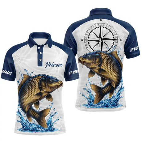 Polo Pêcheur Carpe Prénom - Personnalisé Bleu Et Blanc - Polo Homme