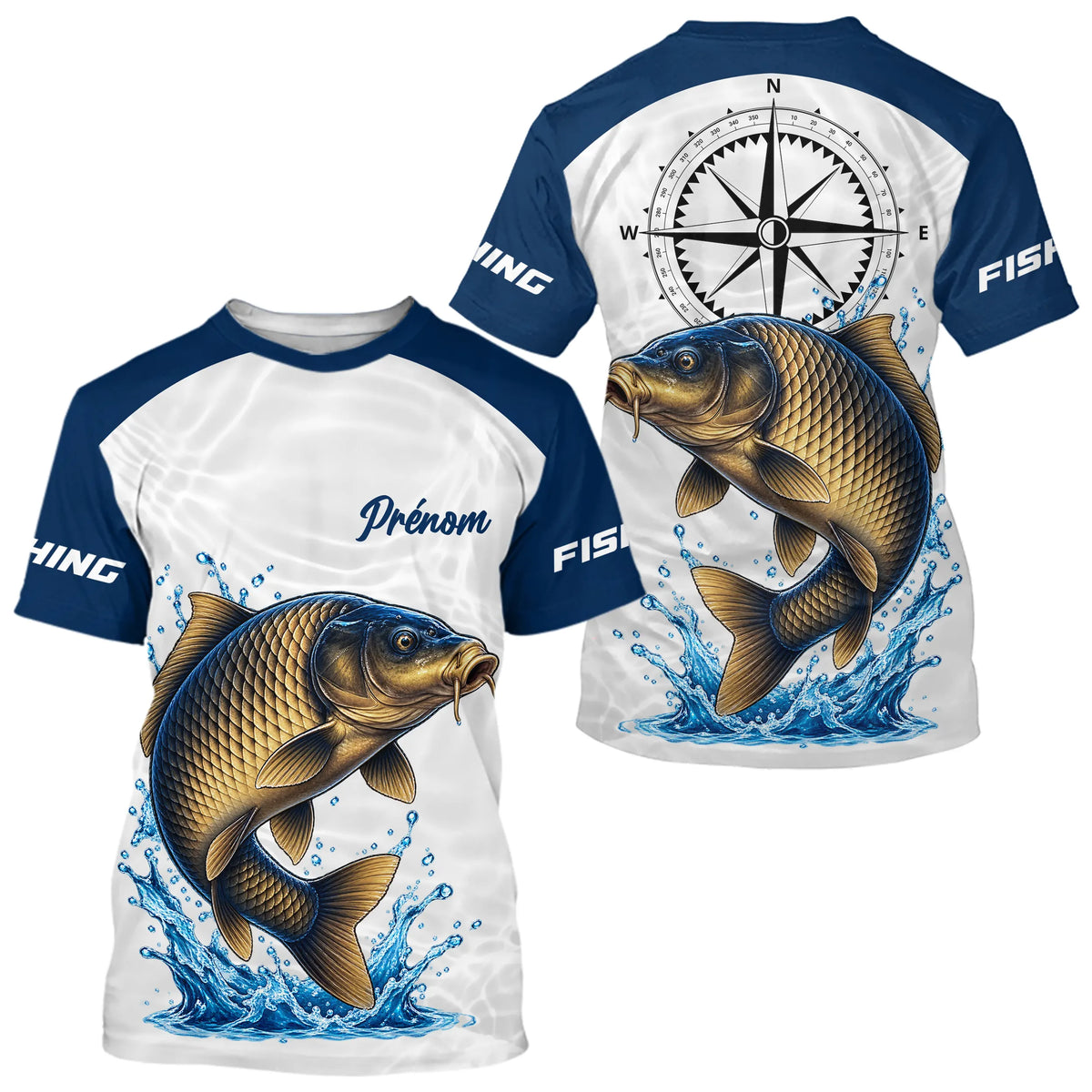 Polo Pêcheur Carpe Prénom - Personnalisé Bleu Et Blanc - T-Shirt Homme