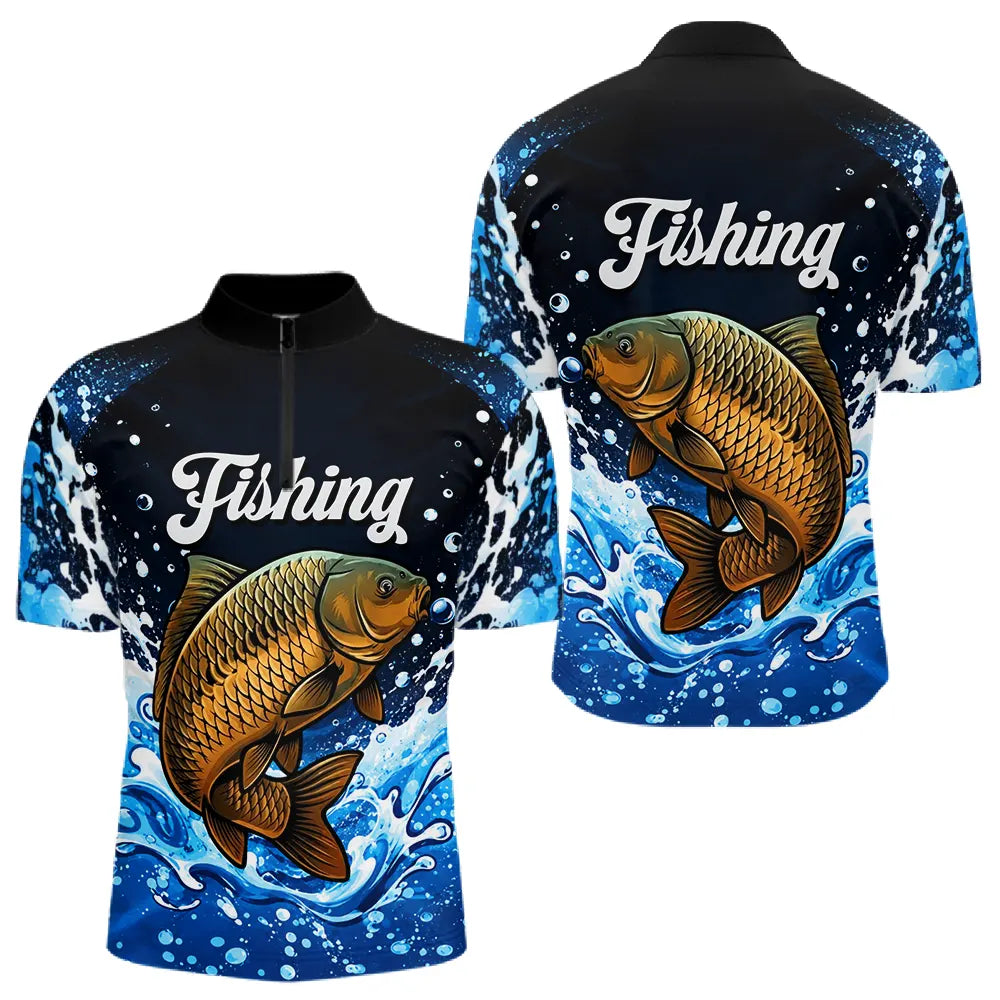 Polo Pêcheur Carpiste 3D - Bleu et Noir Spectaculaire - Polo Zippe Homme