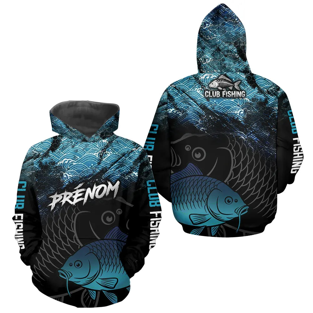Polo Pêcheur Club Carpe - Motif Vagues Bleu Personnalisé - Hoodie Homme